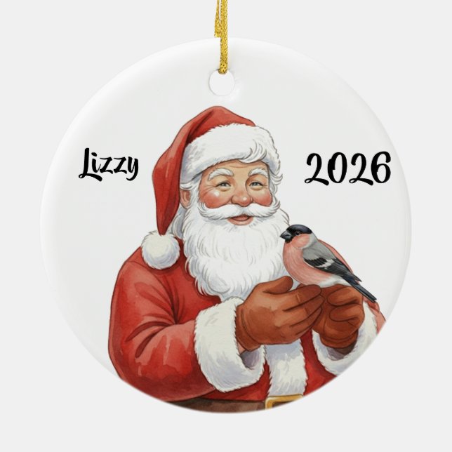 Personalized Santa with Bullfinch Ceramic Tree Decoration (Back)
