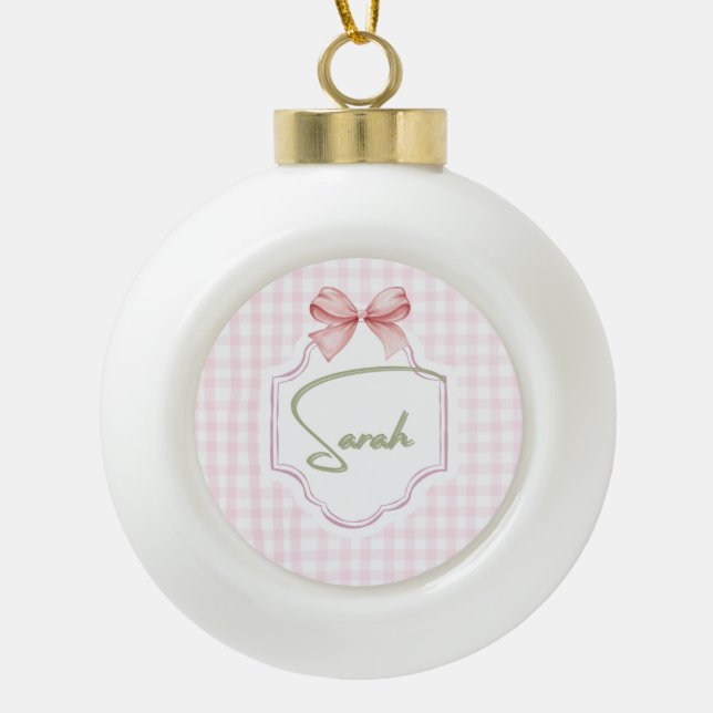 Personalized Sarah Baby Girl Nursery Bow&Gingham Ceramic Ball Christmas Ornament (Front)