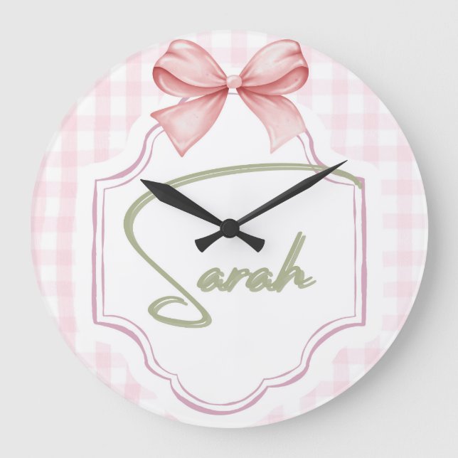 Personalized Sarah Baby Girl Nursery Bow&Gingham Large Clock (Front)