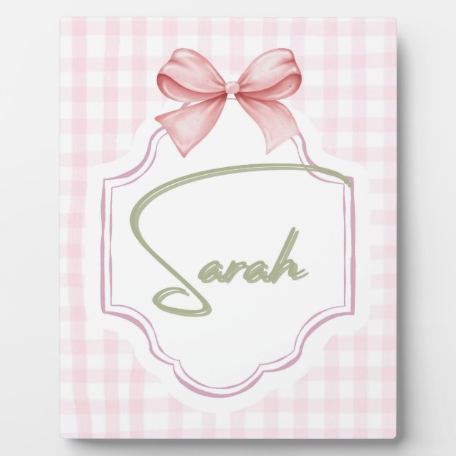 Personalized Sarah Baby Girl Nursery Bow&Gingham Plaque (Front)