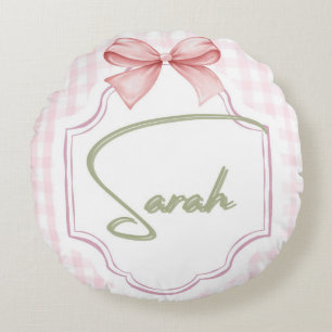 Personalized Sarah Baby Girl Nursery Bow&Gingham Round Cushion