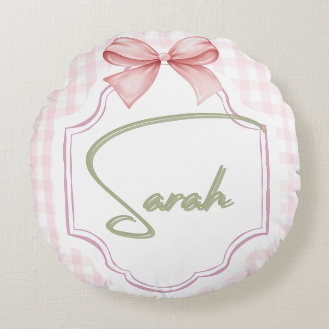 Personalized Sarah Baby Girl Nursery Bow&Gingham Round Cushion (Front)