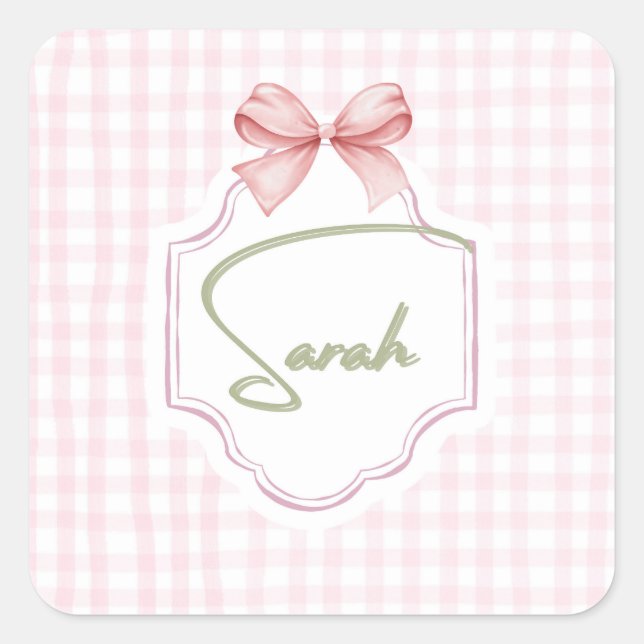 Personalized Sarah Baby Girl Nursery Bow&Gingham Square Sticker (Front)