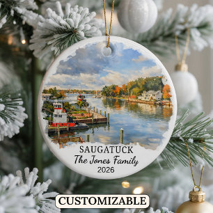 Personalized Saugatuck Ornament, Custom Michigan Ceramic Tree Decoration