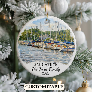Personalized Saugatuck Ornament, Custom Michigan Ceramic Tree Decoration