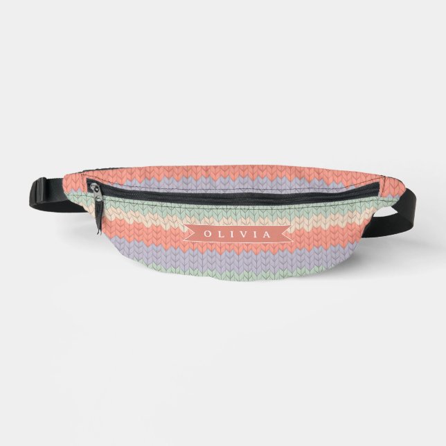 Personalized Scandinavian Pastel Knit Pattern Name Bum Bags (Front)