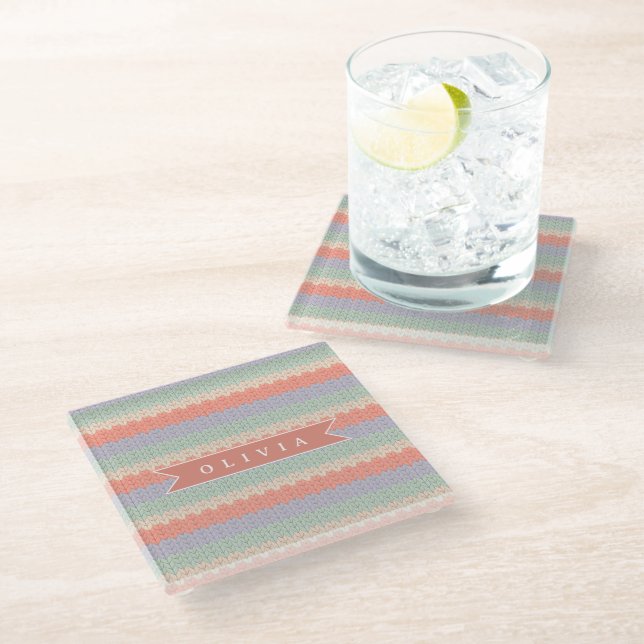 Personalized Scandinavian Pastel Knit Pattern Name Glass Coaster (Angled)