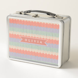 Personalized Scandinavian Pastel Knit Pattern Name Metal Lunch Box