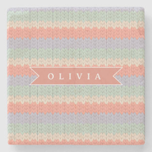 Personalized Scandinavian Pastel Knit Pattern Name Stone Coaster