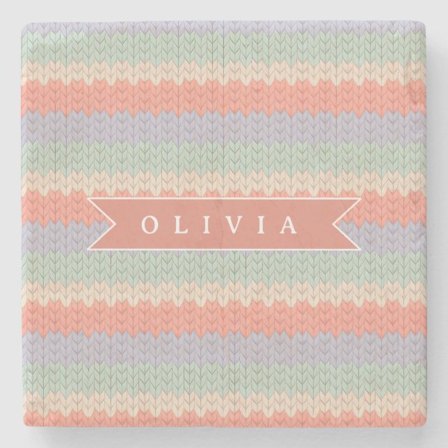 Personalized Scandinavian Pastel Knit Pattern Name Stone Coaster (Front)