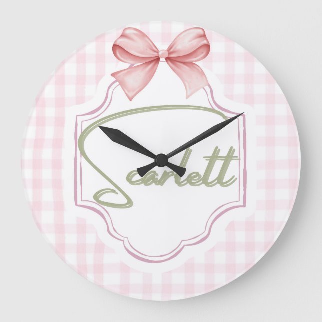 Personalized Scarlett Baby Girl Nursery Gingham  Large Clock (Front)