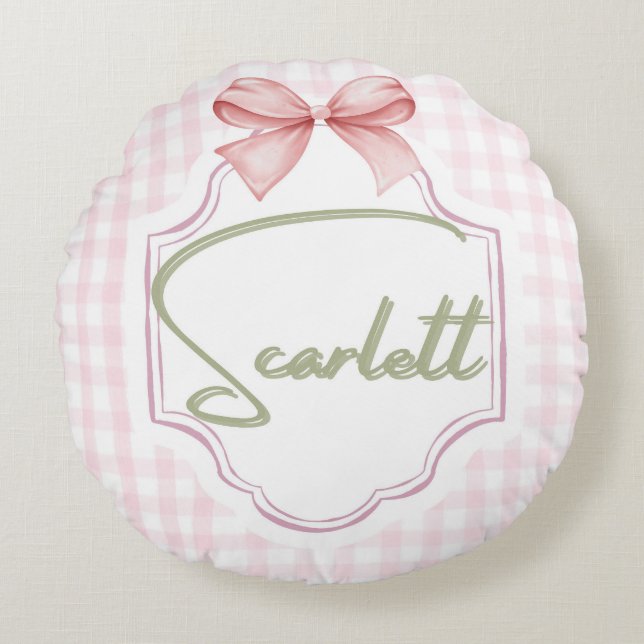 Personalized Scarlett Baby Girl Nursery Gingham  Round Cushion (Front)