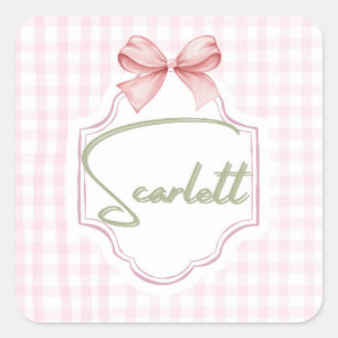Personalized Scarlett Baby Girl Nursery Gingham  Square Sticker