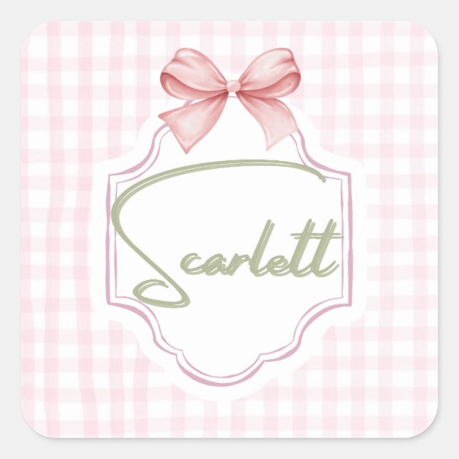 Personalized Scarlett Baby Girl Nursery Gingham  Square Sticker (Front)