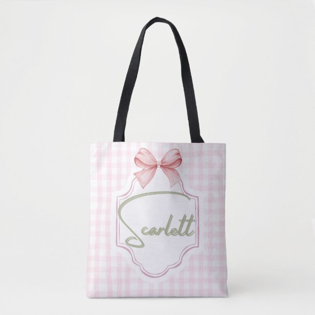 Personalized Scarlett Baby Girl Nursery Gingham  Tote Bag (Front)