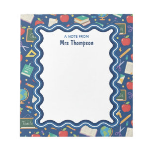 Personalized School Teacher Wavy Border Blue Notepad