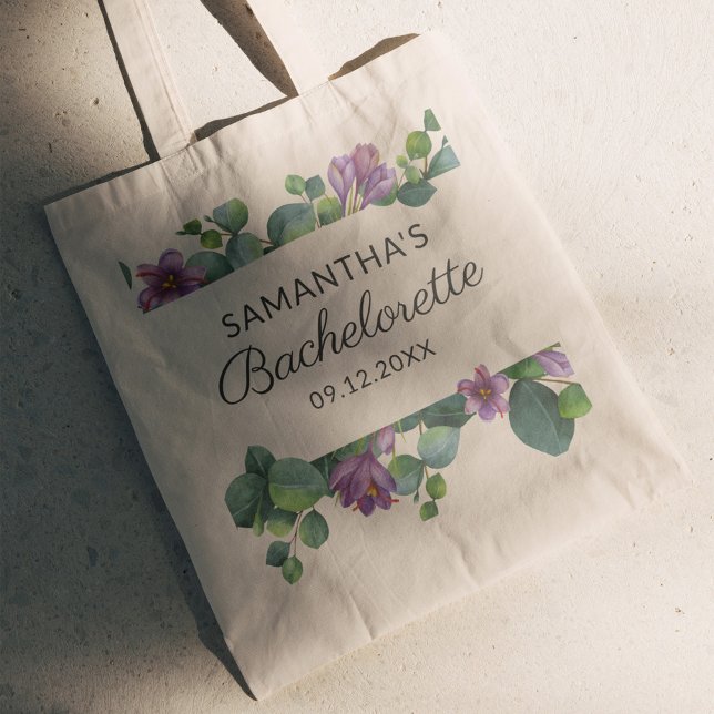 Personalized Script Bachelorette Weekend Party Tote Bag (Eucalyptus Green and Purple Foliage Bachelorette Custom Tote Bag)