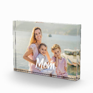 Personalized Script Mom Established Photo Keepsake Block