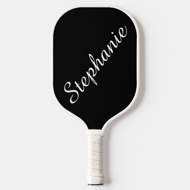 Personalized Script Name Black and White Pickleball Paddle (Front)