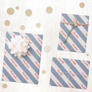Personalized Script Name Blue Cream Candy Stripe Wrapping Paper Sheet