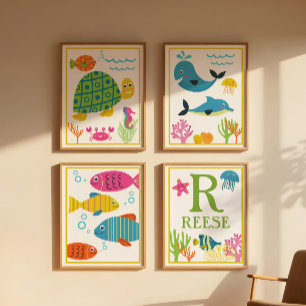 Personalized Sea Creatures Kids' Art Print Set