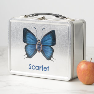 Personalized September Birth Blue Butterfly Metal Lunch Box