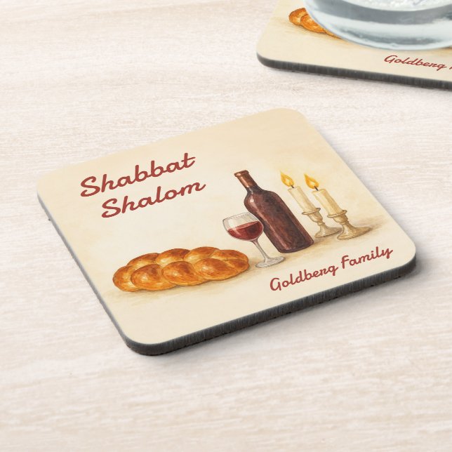Personalized Shabbat Shalom Watercolor Coaster  (Left Side)