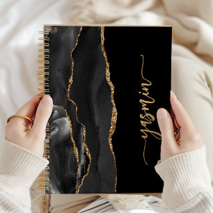 Personalized Signature Black Gold Agate Notebook