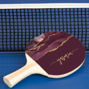 Personalized Signature Burgundy Gold Agate Ping Pong Paddle