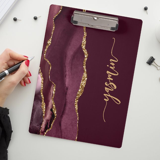 Personalized Signature Burgundy Red Gold Agate Clipboard (Creator Uploaded)