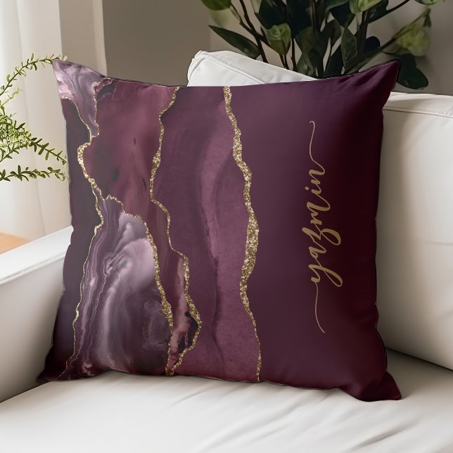 Personalized Signature Burgundy Red Gold Agate Cushion (Creator Uploaded)