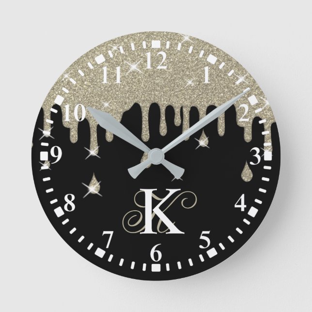 Personalized Silver Drip Glitter Effect & Sparkles Round Clock (Front)