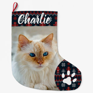 Personalized Simple Paw Pet Photo Monogram Name Large Christmas Stocking