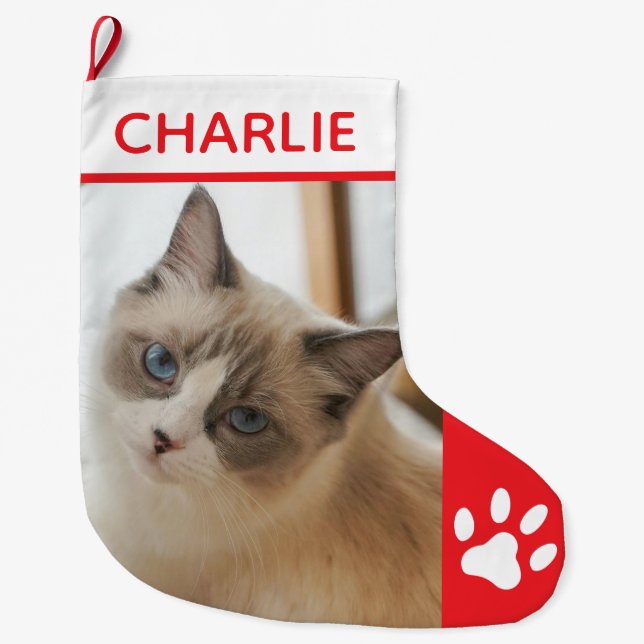 Personalized Simple Paw Pet Photo Monogram Name Large Christmas Stocking (Front)