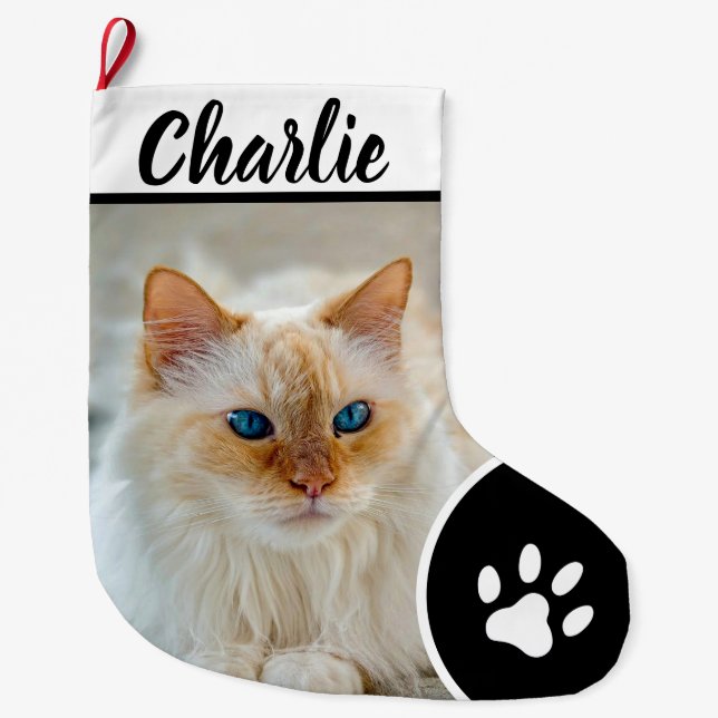Personalized Simple Paw Pet Photo Monogram Name Large Christmas Stocking (Front)