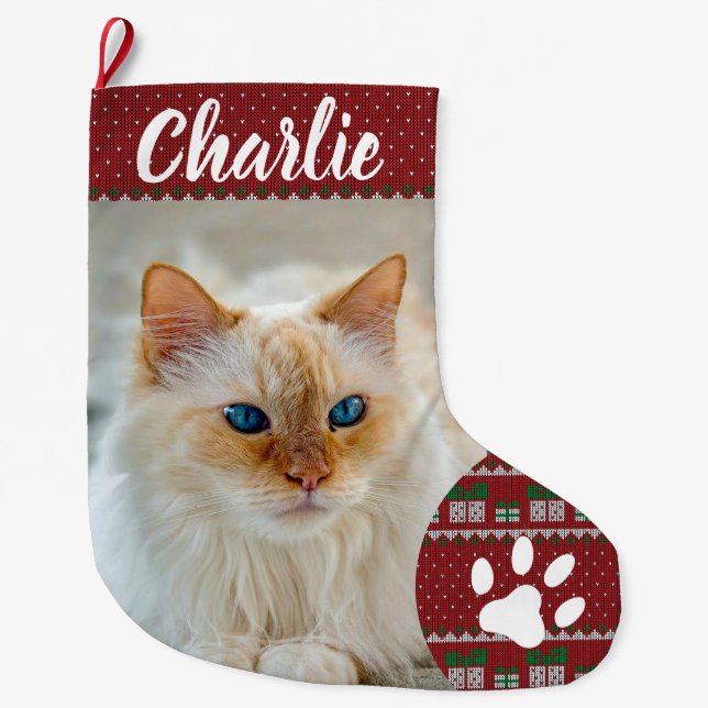 Personalized Simple Paw Pet Photo Monogram Name Large Christmas Stocking (Front)