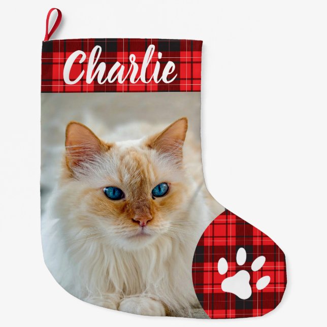 Personalized Simple Paw Pet Photo Monogram Name Large Christmas Stocking (Front)
