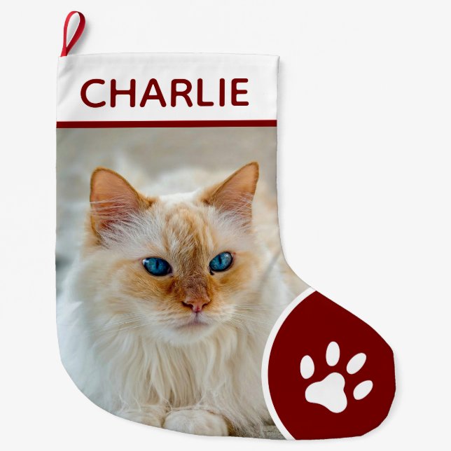 Personalized Simple Paw Pet Photo Monogram Name Large Christmas Stocking (Front)