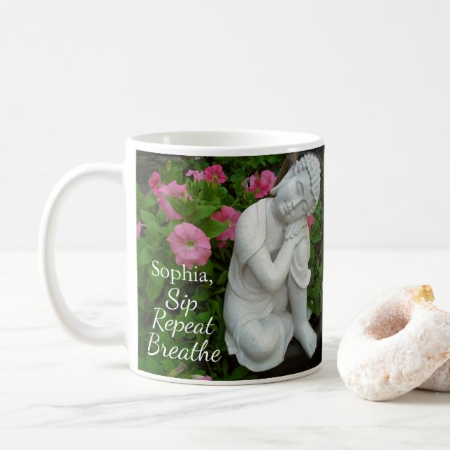 Personalized Sip Breathe Repeat Buddha Zen Name Coffee Mug (With Donut)