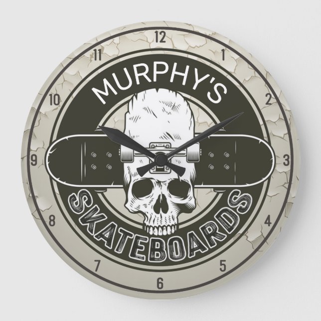 Personalized Skater NAME Skull Skateboarding Skate Large Clock (Front)