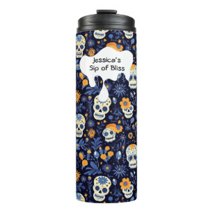 Personalized Skull Navy Floral Dia de los Muertos Thermal Tumbler