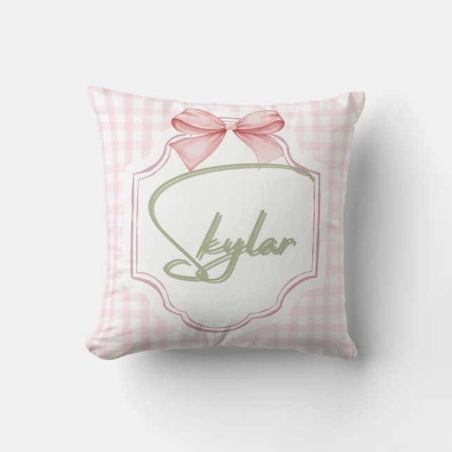 Personalized Skylar Baby Girl Nursery Bow&Gingham Cushion (Front)