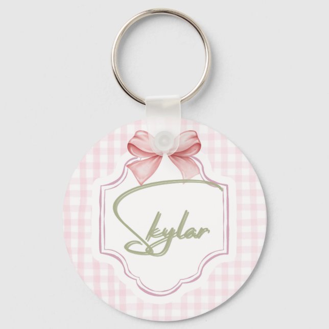 Personalized Skylar Baby Girl Nursery Bow&Gingham Key Ring (Front)