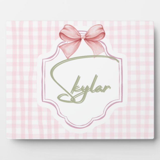 Personalized Skylar Baby Girl Nursery Bow&Gingham Plaque (Front)