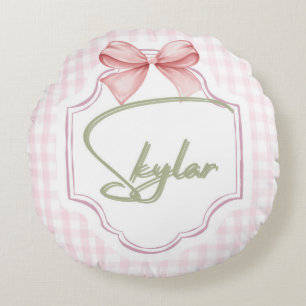 Personalized Skylar Baby Girl Nursery Bow&Gingham Round Cushion