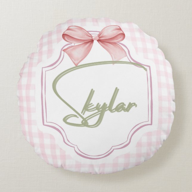 Personalized Skylar Baby Girl Nursery Bow&Gingham Round Cushion (Front)