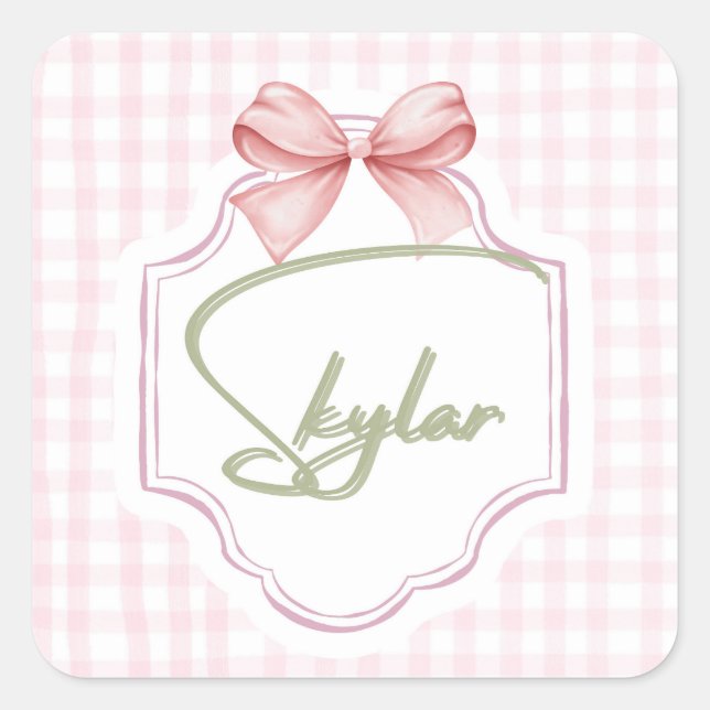 Personalized Skylar Baby Girl Nursery Bow&Gingham Square Sticker (Front)