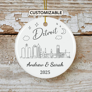 Personalized Skyline Detroit Ornament, Michigan Ceramic Tree Decoration