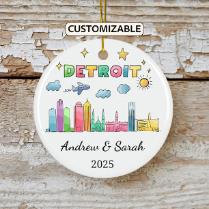 Personalized Skyline Detroit Ornament, Michigan Ceramic Tree Decoration