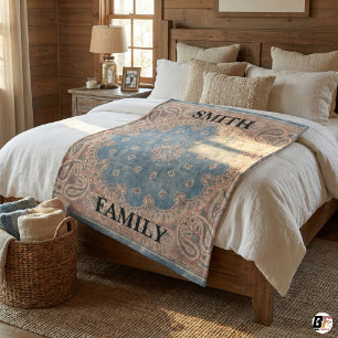 Personalized Smith Family Blue & Terracotta Paisle Fleece Blanket